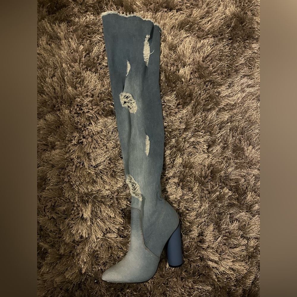 Distressed Block Heel Jean Boots